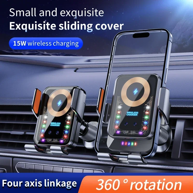 ที่วางโทรศัพท์ในรถยนต์พร้อมไฟบรรยากาศชาร์จไร้สาย 15W ที่วางโทรศัพท์ในรถยนต์สำหรับไอโฟน 12 13 14 15 โปรแม็กซ์ หัวเว่ย ซัมซุง