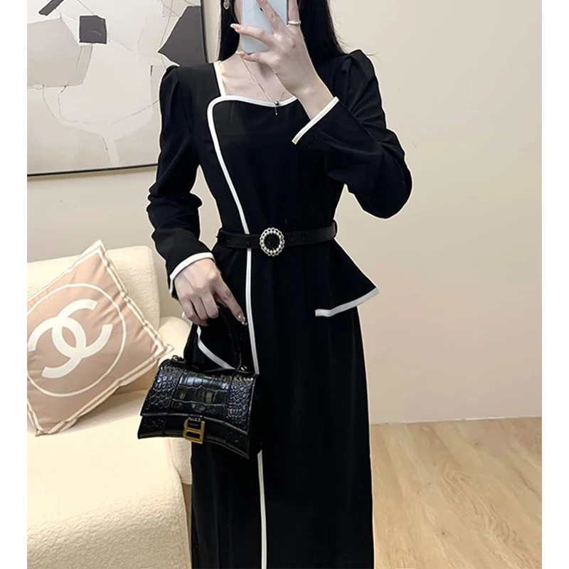 Spring Autumn Office Lady Square Collar Elegant Fashion Bodycon Dress Female Fake Two Pieces Temperament Patchwork Robe Vestido