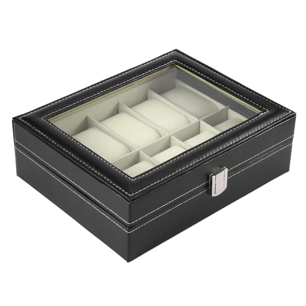 

Hot 10 Slots Luxury PU Leather Wrist Watch Jewelry Gem Display Box Storage Organizer Case Collection Black Dropshipping