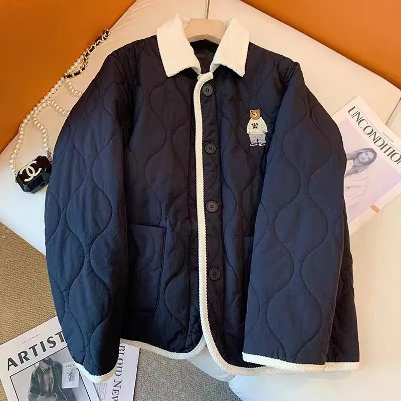 Women's Color Blocking Turn-down Collar Little Bear Embroidery Cotton Coat New Loose Short Jacket Warm Quilted Winter Coat Parka