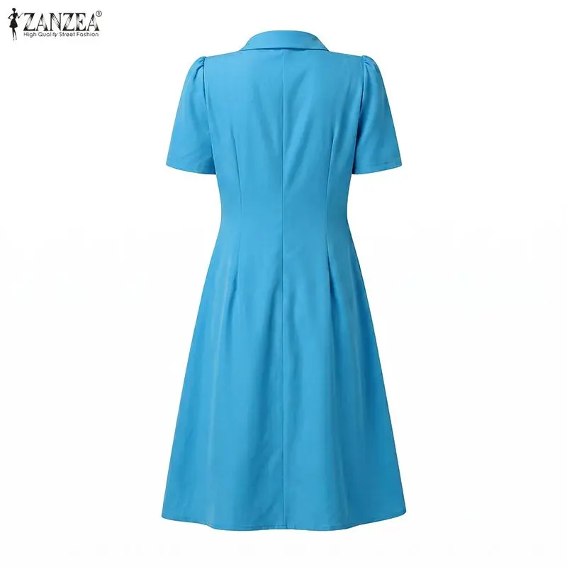 ZANZEA Elegant Women Ikat Print Patchwork Knee-Length Dress Vintage Shawl Collar Short Sleeve A-Line Dress Summer Party Vestidos