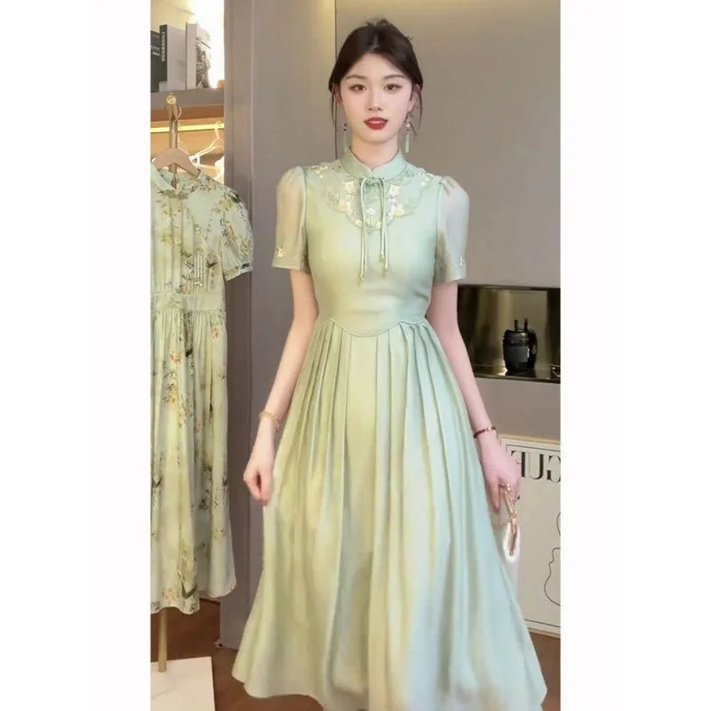 New Chinese Light National Style Green Dress Summer New Women\'s Elegant Women\'s Daily Beauty Improvement Qipao Dress