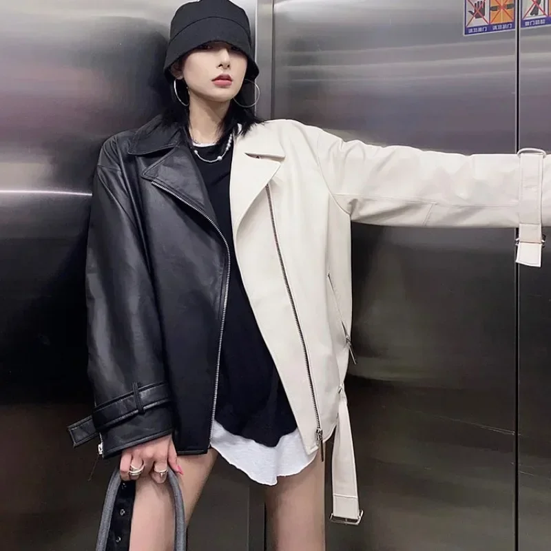 Blouson en similicuir PU souple avec ceinture pour femme, vêtement d'extérieur, printemps-automne