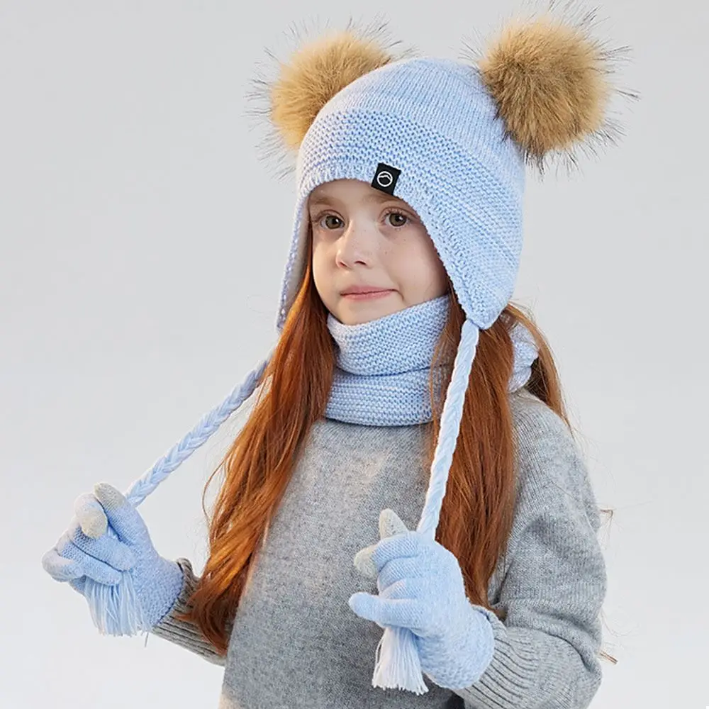 

Children's Fashion Warm Winter Hat Scarf Gloves Set Windproof Thicken Pompom Knitted Hats Soft Kids Bonnet Outdoor