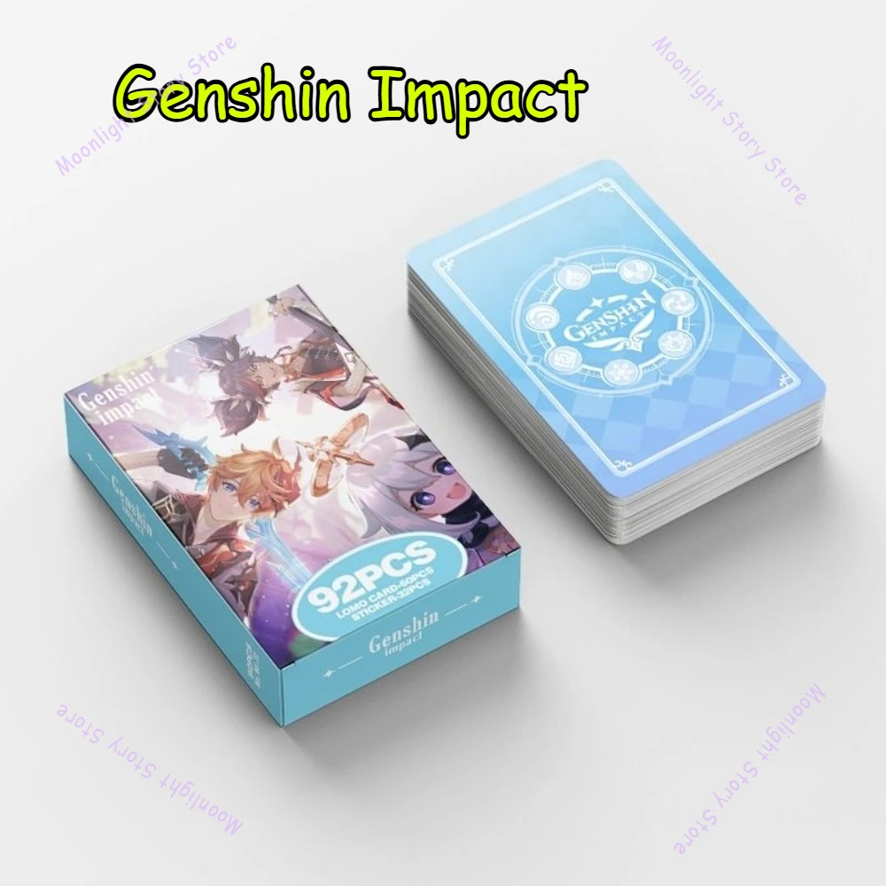 92 Uds Genshin pegatinas de tarjetas de impacto Zhongli Diluk nogal Klee Xiao Palace Dishia Thunder tarjeta de colección General regalo para fanáticos