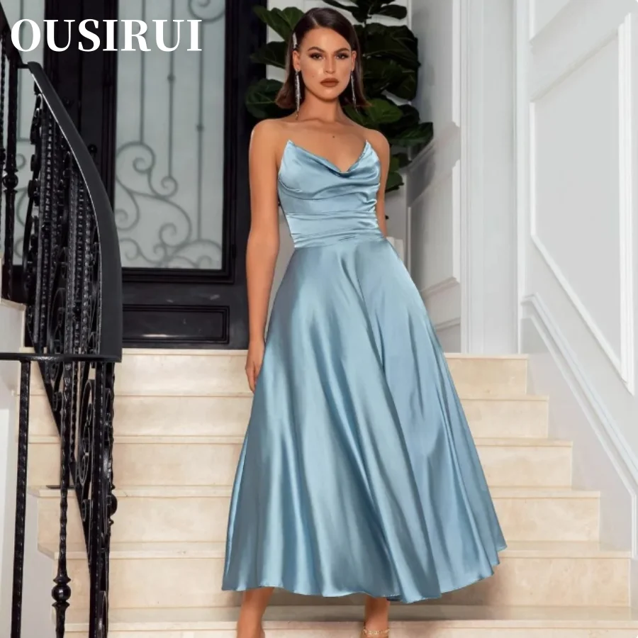 OUSIRUI A-Line Pleated Tea Length Open Back Prom Dresses for Women Vintage Short V-Neck Satin Blue Evening Dresses With Pockets