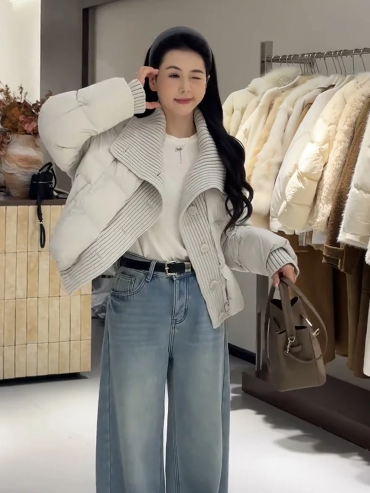 

Korean Style Stand Collar Knitted Patchwork Short down Jacket Women's Fashion Slimming White Duck Feather Outerwear