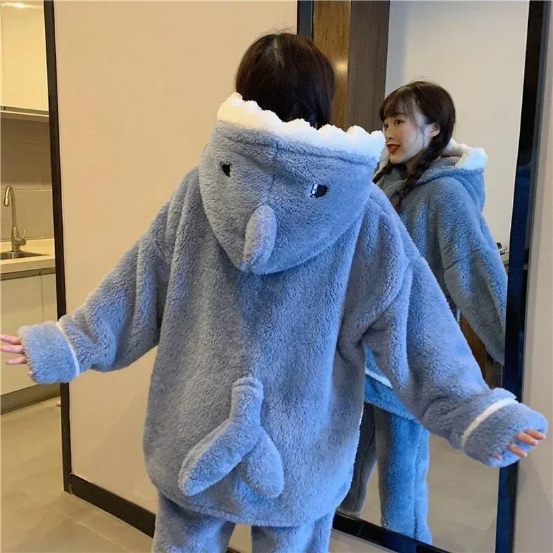 Shark Women\'s Pajamas Flannel Hooded Sleepwear Kawaii Pijama Female Set with Pants Cute Pyjamas Halloween Party Loungewear