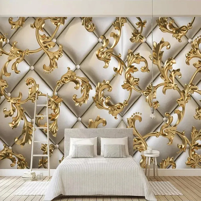 

European Style Mural Wallpaper 3D Soft Package Golden Pattern Living Room TV Background Wall Home Decor Papel De Parede