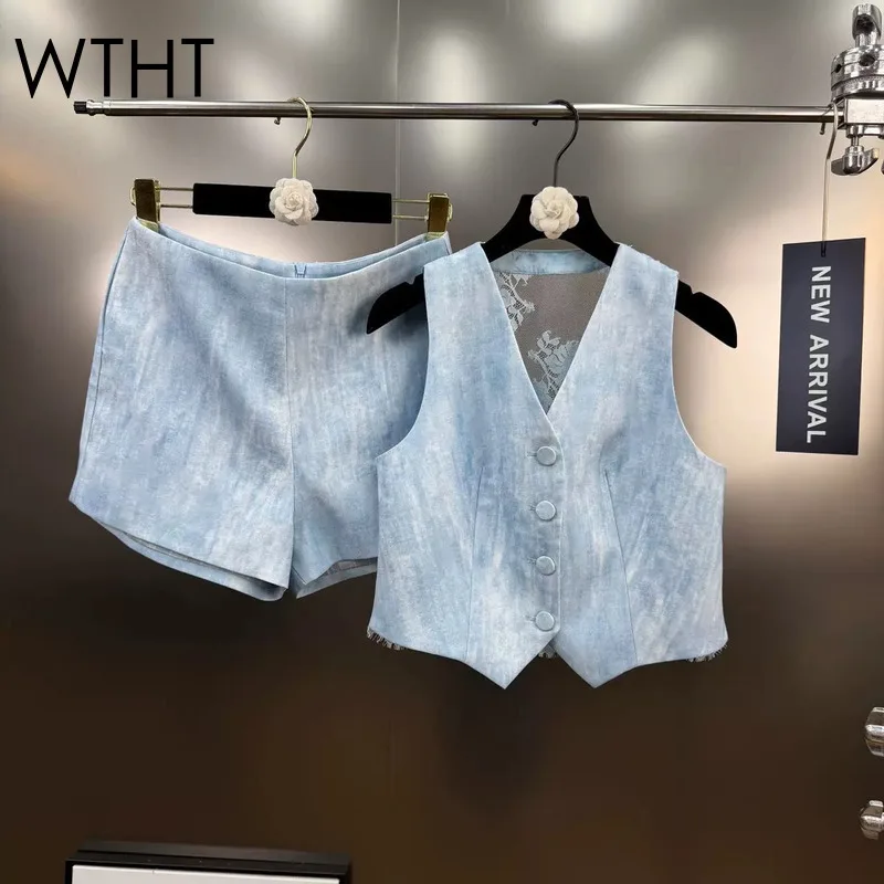 

WTHT New Fashion Women's Suits Spliced Lace Sleeveless V-neck Vest High Waist Short Pants Set Female 2025 Summer 1LS2061