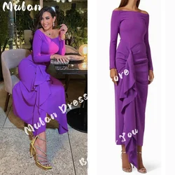 Purple Boat Neck Prom Dress Long Sleeves Ankle Length Arabia Evening Dress Ruffle Elegant Women Wedding Party Formal Gowns