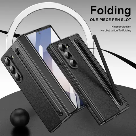 Funda de cuero de lujo con bolígrafo de película de acero para Samsung Galaxy Z Fold 7 6 5 4 3 Fold7, cubierta protectora de bisagra de pantalla