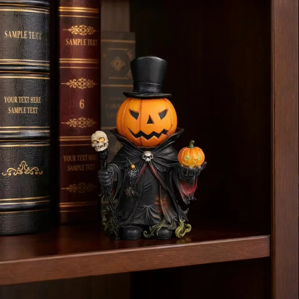 Gothic Pumpkin Warlock Figurine With Top Hat Skeleton Cane Halloween Tabletop Decoration Spooky Resin Craft Ornament