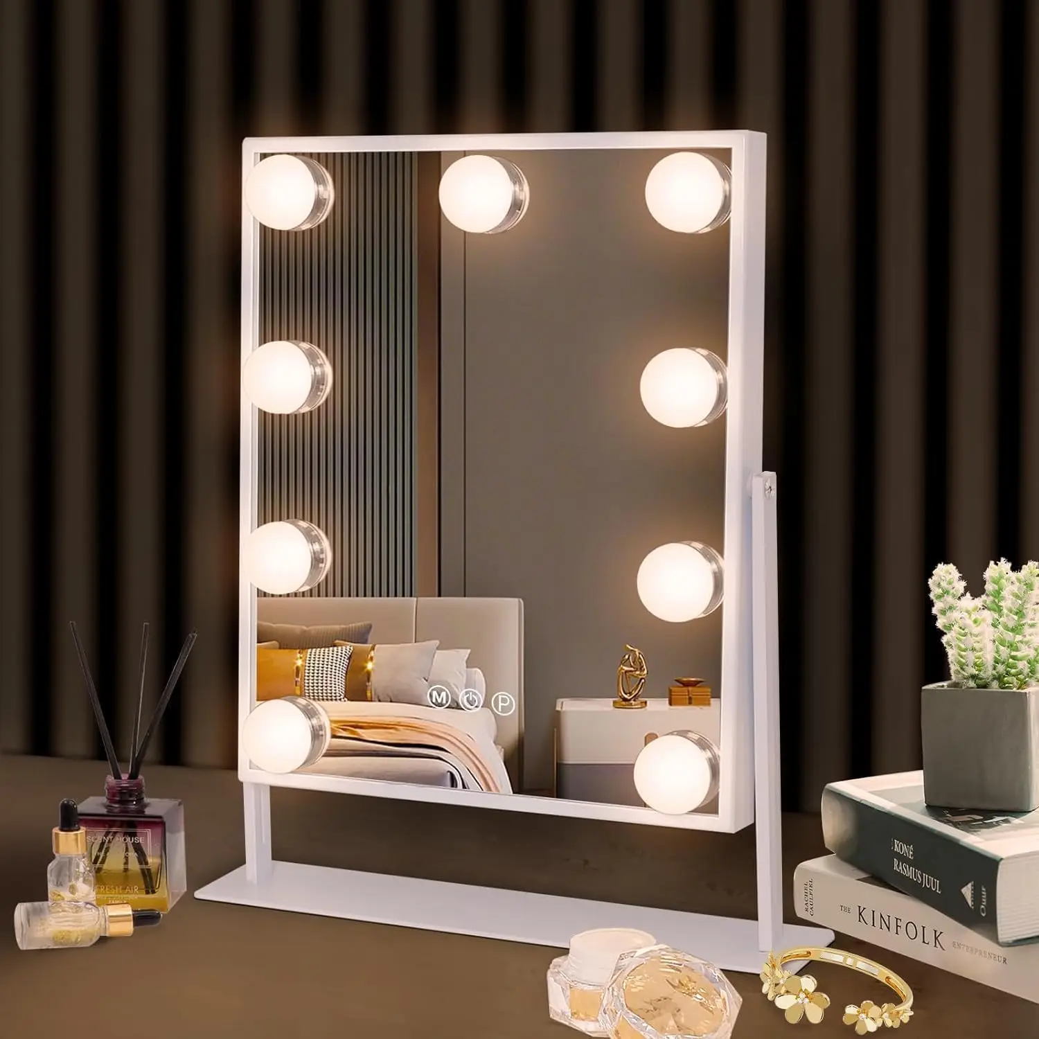 Lighted Makeup Mirror with 9 LED Bulbs, 360 Rotation, Adjustable Brightness and Magnifying Mirror