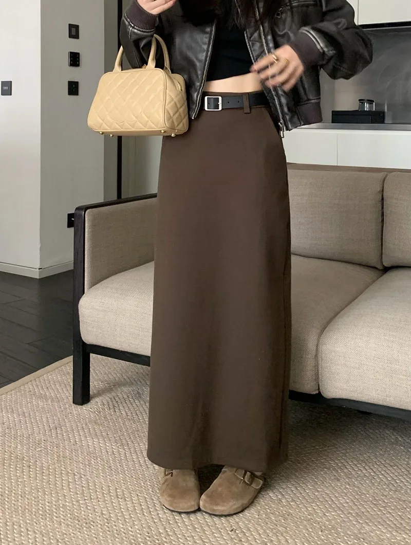 High Quality Woolen Maxi Skirts Female Elegant Chic High Waist Loose A-Line Skirts Women Vintage Streetwear Split Long Skirt