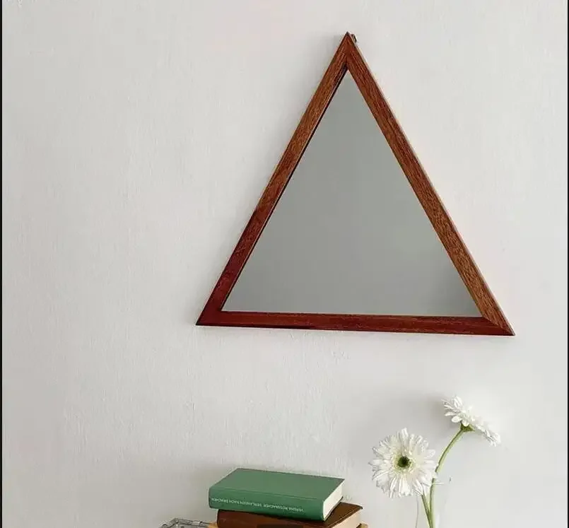 

Bedroom Dresser Vanity Mirror Wall Mounted Desktop Triangle Mirror Imitation Wood Grain Metal Makeup Mirrors Decorative Mirrors