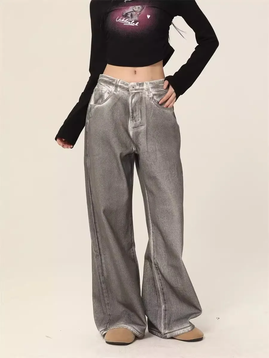 

Женские старые грязные белые винтажные джинсы, новая уличная одежда, американские прямые свободные широкие брюки, модные модные брюки в пол 2025 года