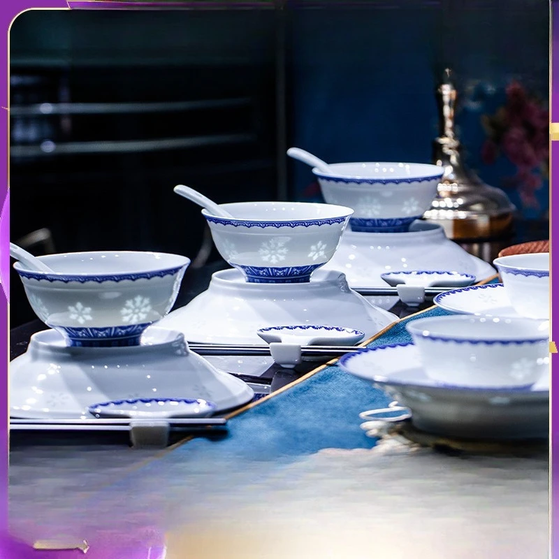

Jingdezhen blue and white exquisite, ceramic tableware set, traditional Chinese style for home use