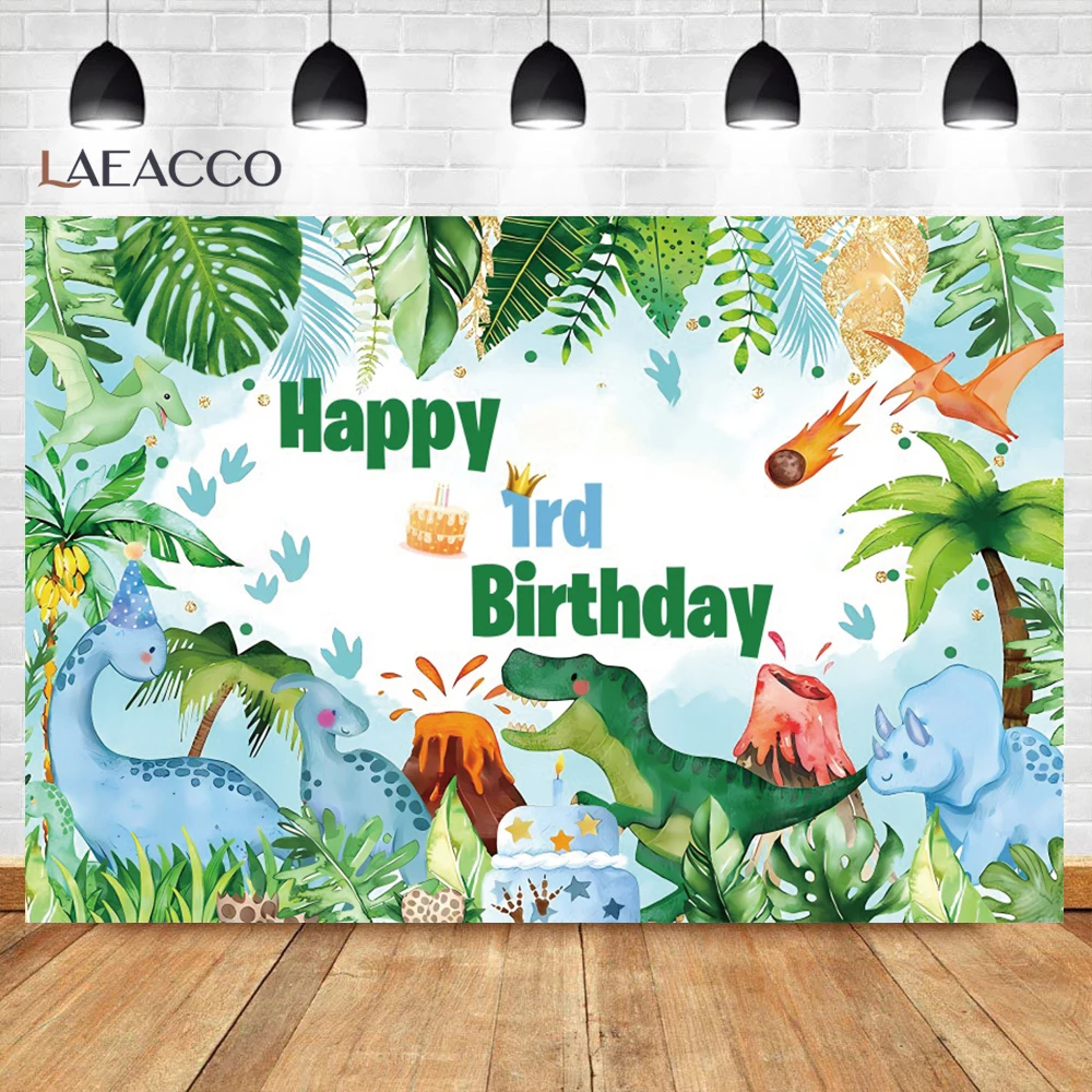 Cartoon Dinosaur Child Happy Birthday Party Photo Background Baby Portrait Custom Poster Family Photography Backdrop Photocall