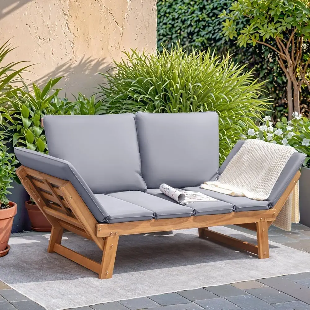 

Acacia Wood Outdoor Sofa with Adjustable Armrests, Convertible Chaise Lounge, Removable Cushions & Pillows for Patio, Porch, Poo