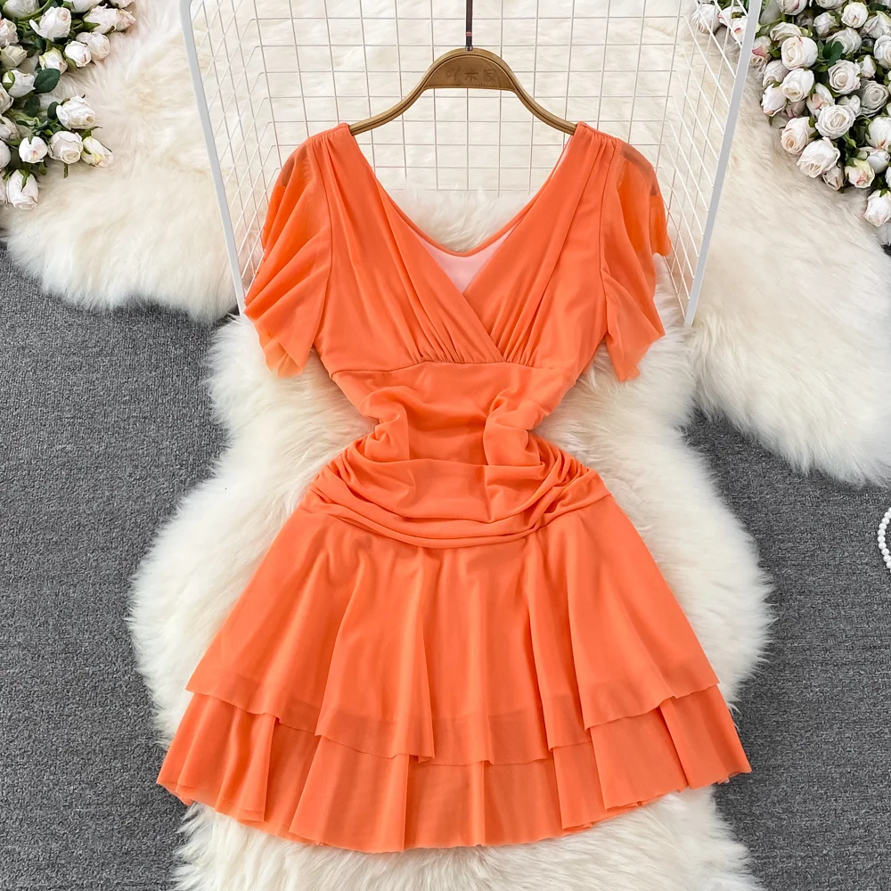 

2023 New Girls Sexy V-neck Short Sleeve Mesh Dress High-waist Slim Ruffled Short A-line Dress Women Summer Mesh Guaze Dress