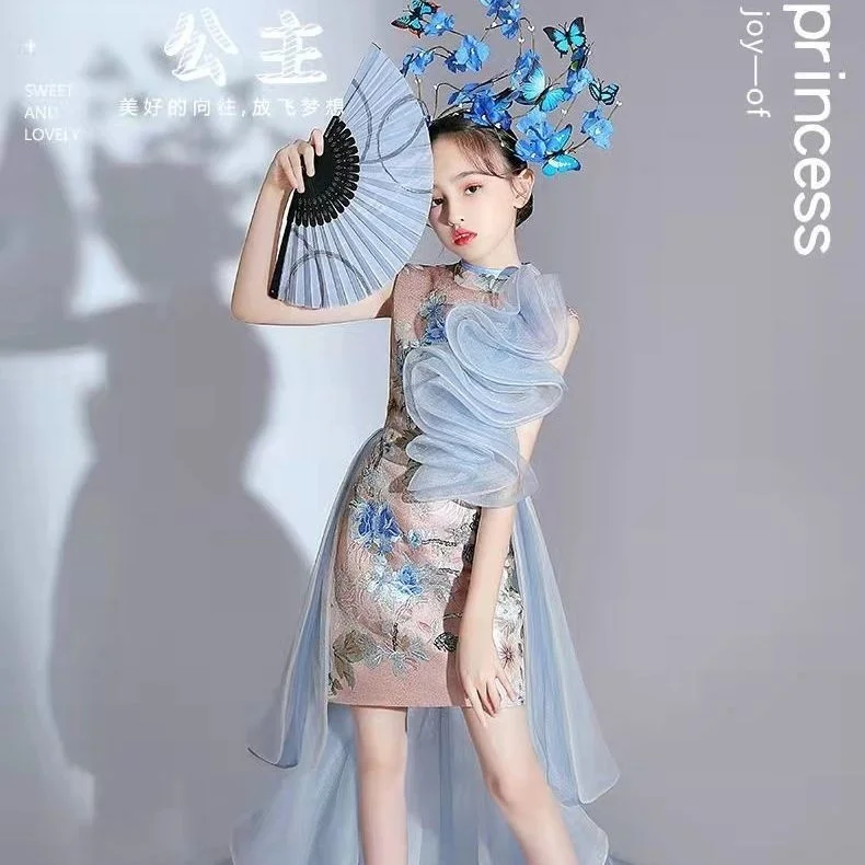 China-Chic Girls' Cheongsam Chinoiserie Style Catwalk Children's Wear Performance Clothes T Stage Fashion Pop Tuxedo Show Dress