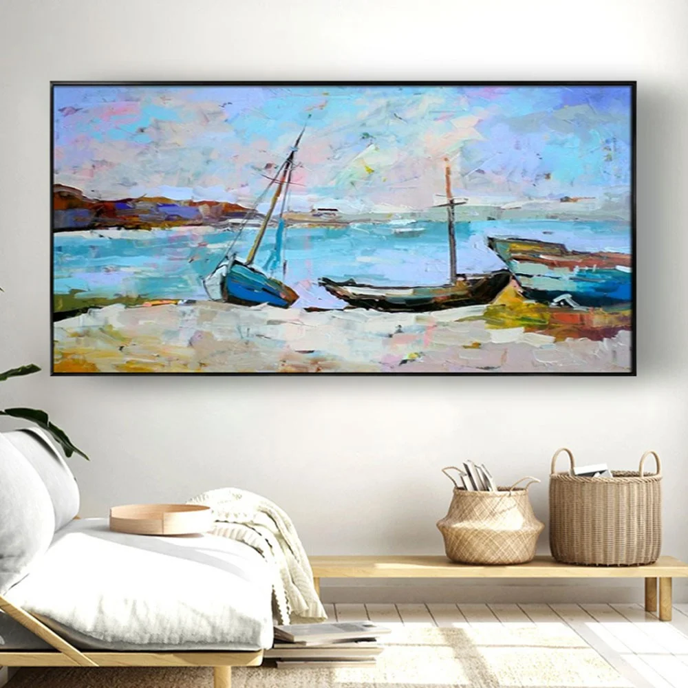 Pop Boat On The Beach Modern Pure Hand-painted Oil Painting Small Fishing Village With Sea View Canvas Picture Home Decor Mural