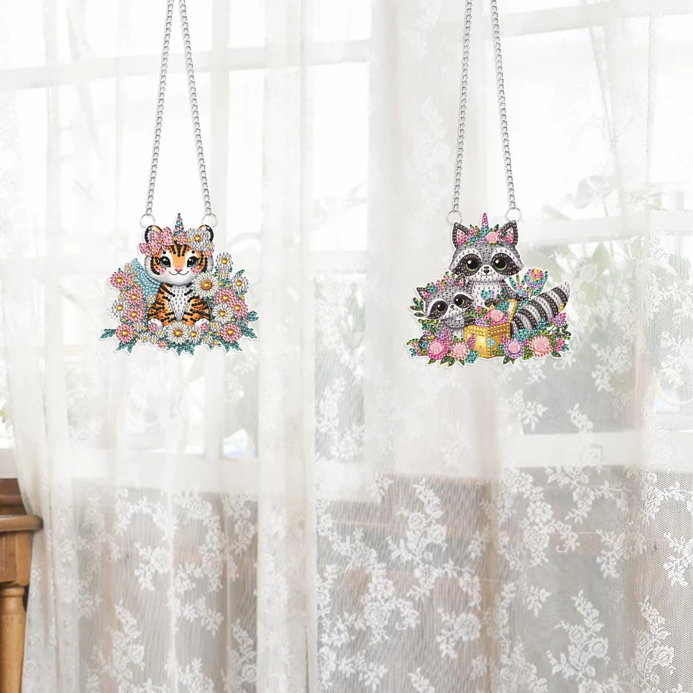 

2Pcs Tiger Raccoon Peacock Kitten Puppy PET Special Shaped Rhinestone Diamond Art Window Pendants Diamond Painting Hanging Decor