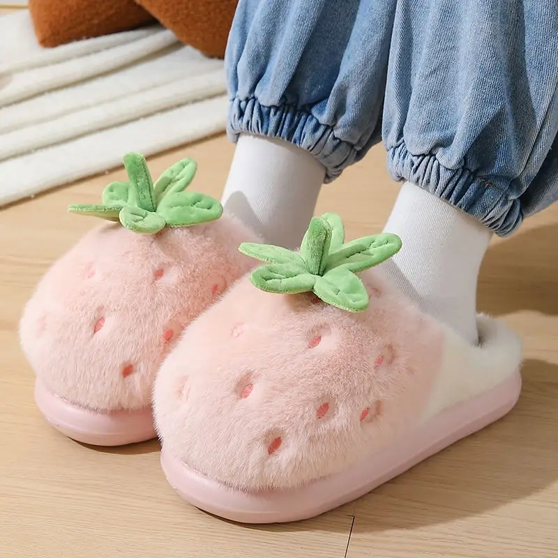 

New fluff strawberry themed home cotton slippers women winter cloud snug indoor shoes ladies creative fruit furry slides slipper