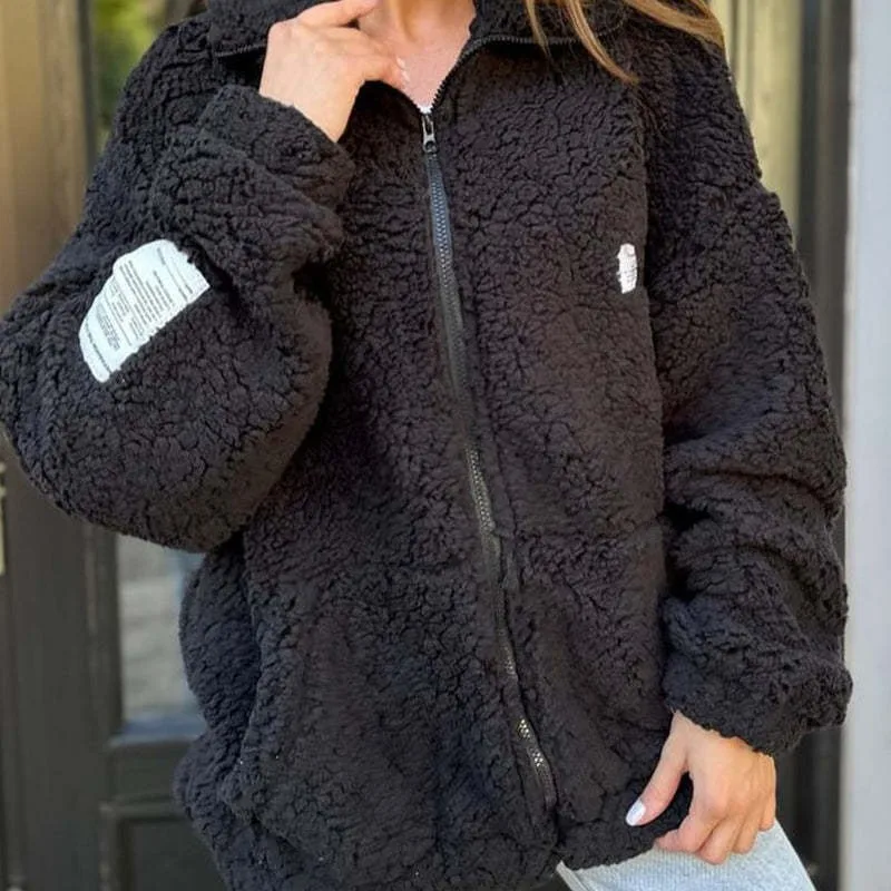 

Women's Casual Jacket For Autumn Winter Solid Color Versatile Lazy Wind Fashion Loose Coat Long-sleeved Lapel Zipper Cardigan