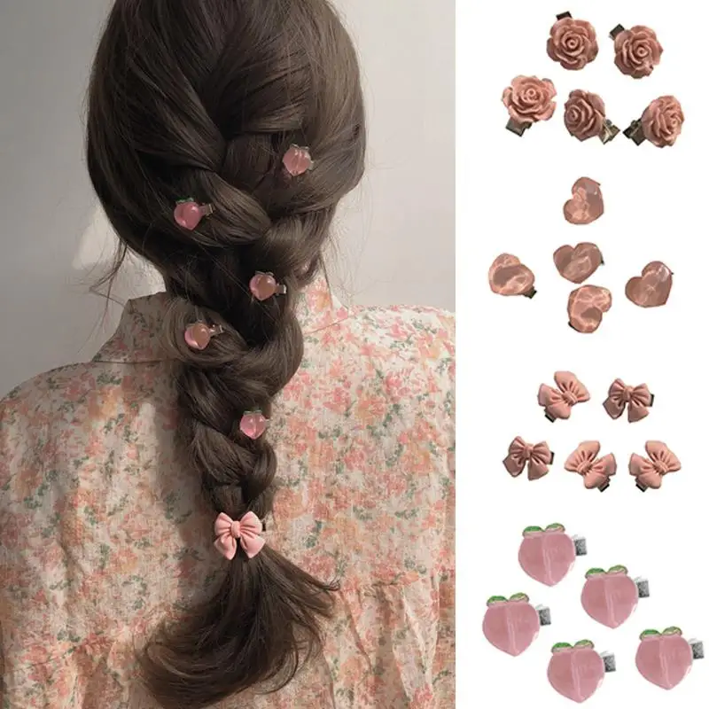 5Pcs Pink Series Mini Hairpin Set Rose Flower Heart Bow Peach Hair Clips Small Barrettes Side Bangs Clip Cute Hair Accessories