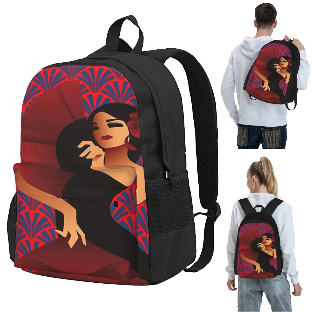 Mochila Art Deco España Flamenco Fan Dancer, mochila para estudiantes, mochila escolar para niños, bolsos de hombro para ordenador, para hombres y mujeres