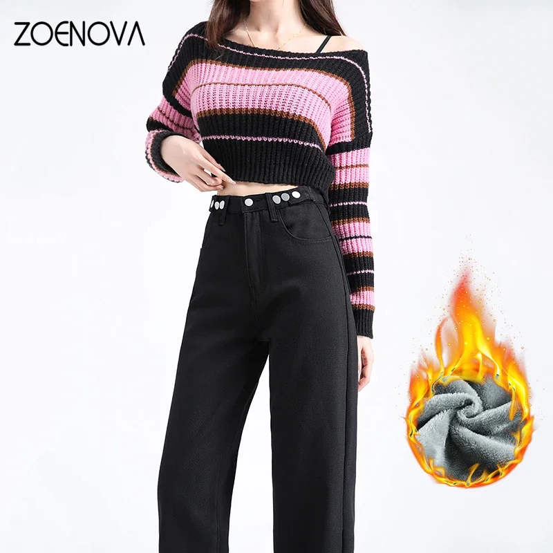 ZOENOVA Warm Y2K Women Jeans Autumn Winter Velvet Thick Straight Wide Leg Jean High Waist Loose Wool Fleece Mom Fashion Trousers