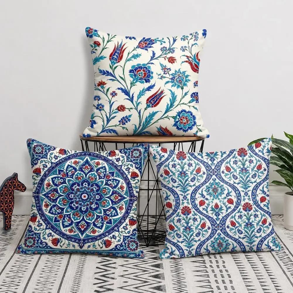 Red & Blue Ottoman Textile Motif Cushion Cover Short Plush Soft Double-Sided Printing Pillow Case Cozy Sofa Bedroom Home Decor