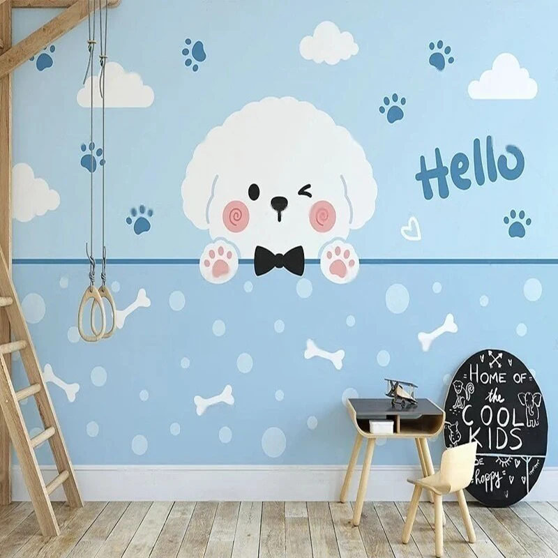 Nordic-Style Cute Puppy With Bone-Shaped Ears Hand-Drawn Cloud-Themed Cartoon Children's Room Background Wall