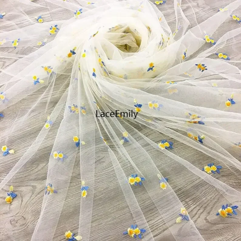 Delicate small flower embroidery Lace Fabric flowers soft pink mesh tulle For Wedding Gown, Bridal Dress,  Party Dress 1 Yard