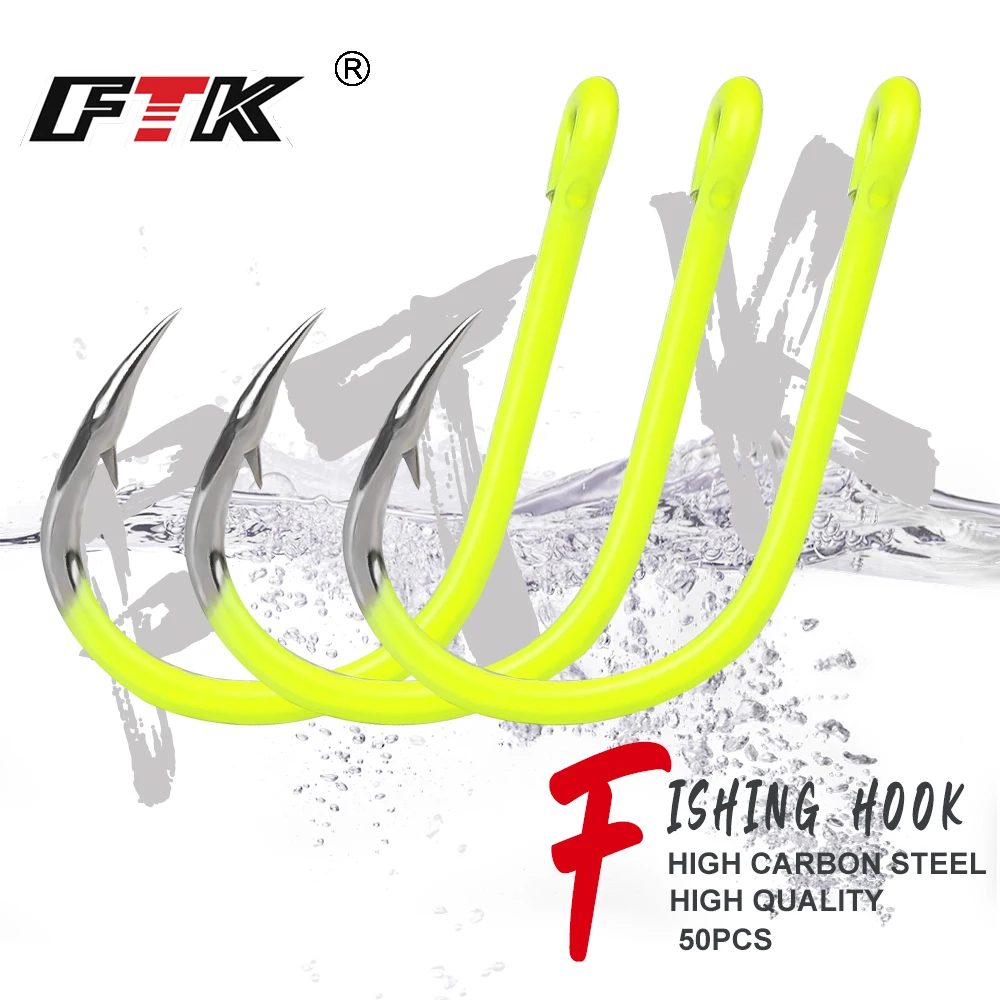 FTK 100pcs Fluorescent Fishing Hooks Barbed Single Circle Carp Hook Carbon Steel Sea Fishinhook Fly Fishing Tackle Accessories