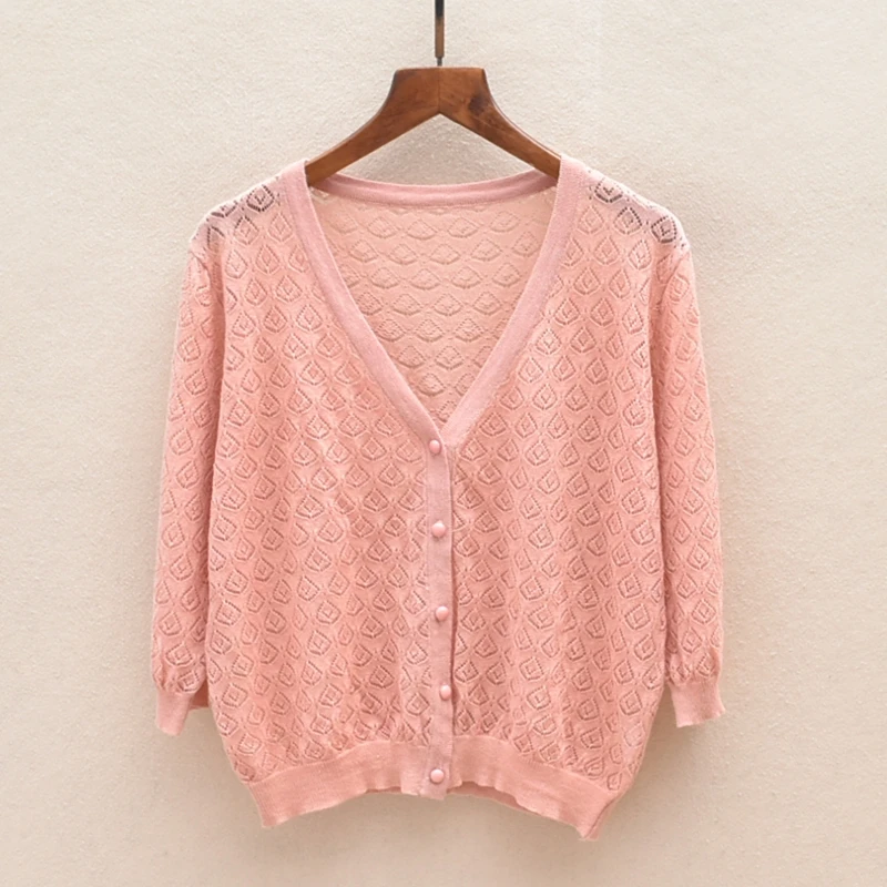 夏用薄手無地レディースオープンカーディガンVネック七分袖トップス日焼け止めニットセーター
