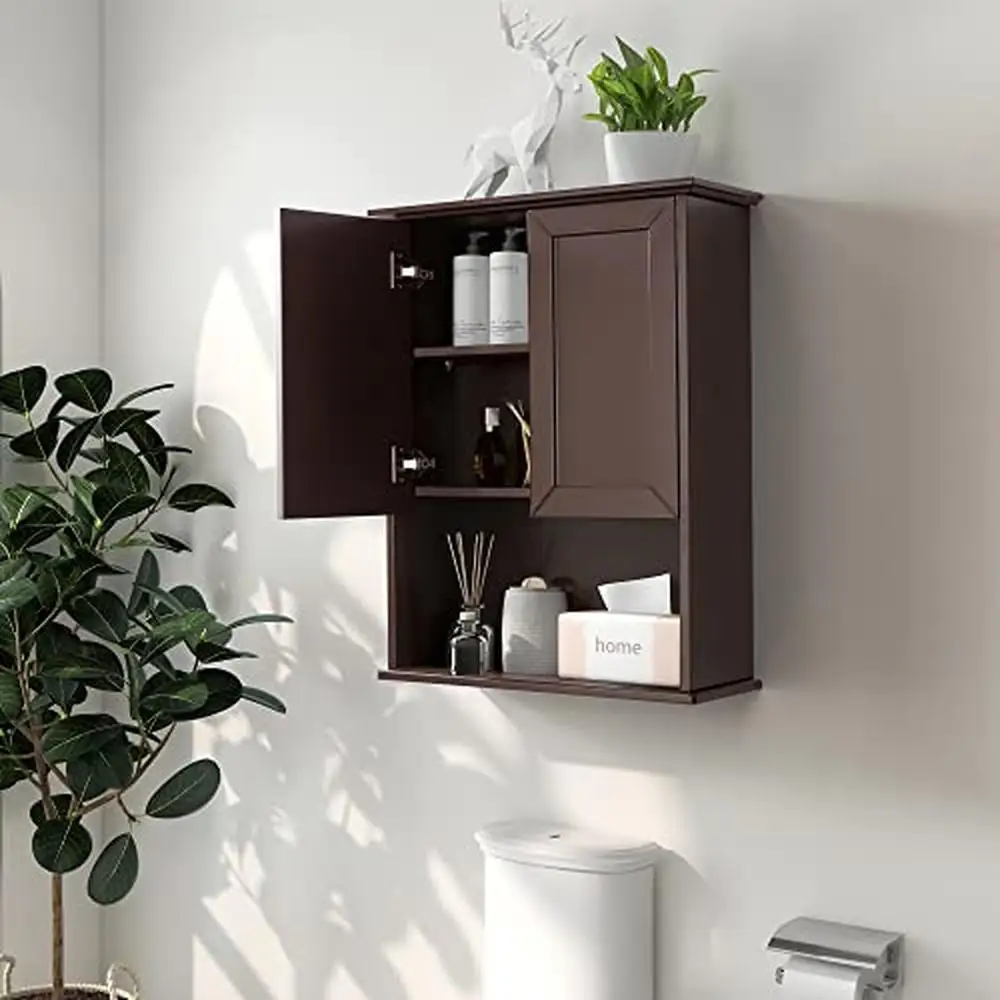 Brown Wall Mounted Bathroom Storage Cabinet Adjustable Shelf Soft Hinge 23x29 Inch Rectangular Wood Hanging Medicine Cabinet