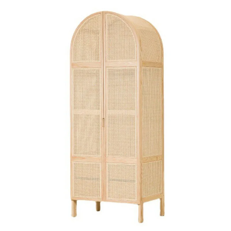 Solid wood rattan wardrobe simple home ash double door wardrobe Nordic bedroom storage cabinet storage cabinet