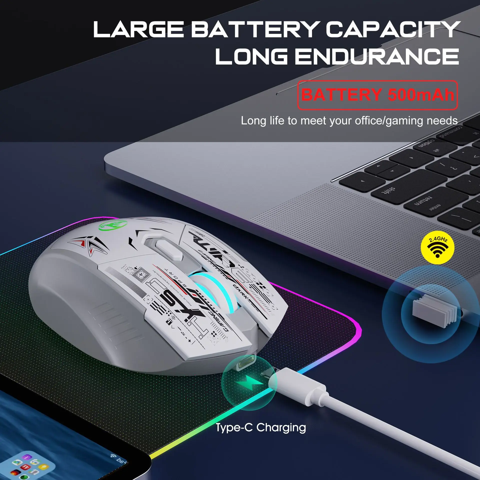 HXSJ T38 Wireless Gaming Mice Dual-Mode Bluetooth 5.1 Support PC Games Rechargeable Noiseless Mouse Cool Colorful Lights