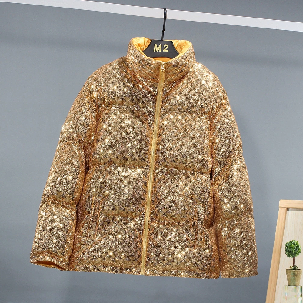 Winter High Quality Men Sequin Padding Jackets Bright Loose Fit Thick Warm Men's Oversized Parka Plus Size Fashion Mens Clothing