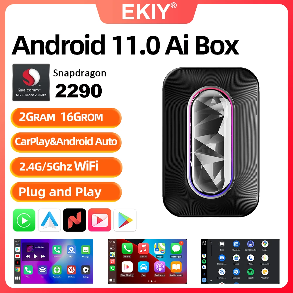 

EKIY Android 11 Wireless CarPlay Android Auto Smart Ai Box For Netflix&Youtube RGB Wired CarPlay to Wireless CarPlay A2A Adapter