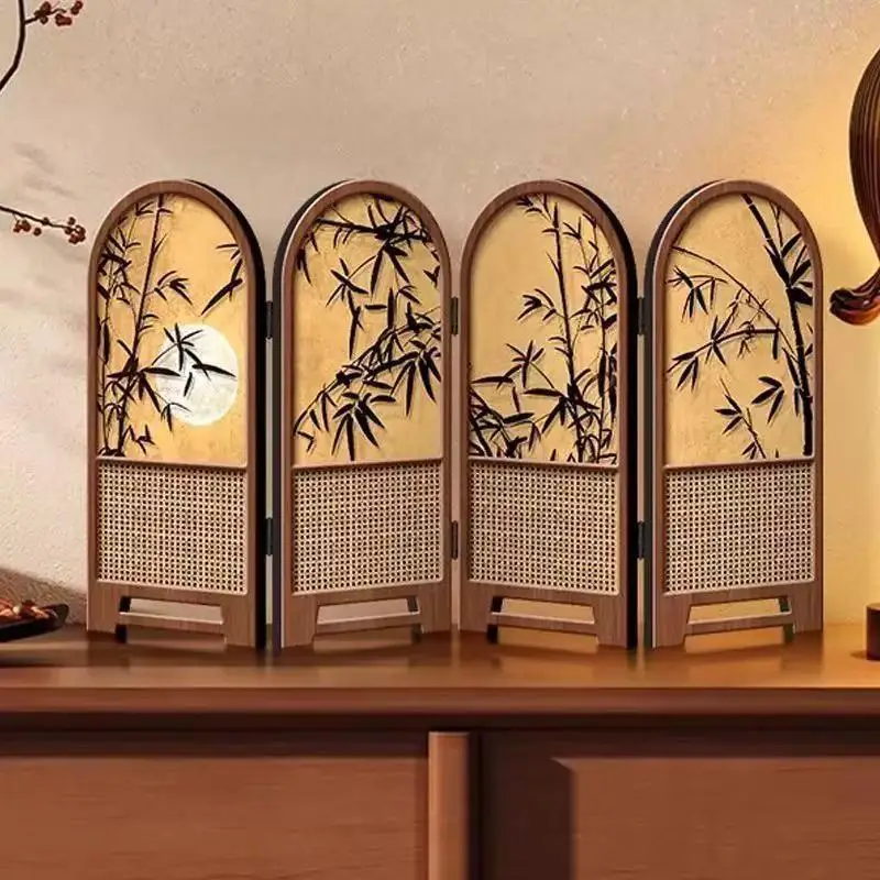 Mini Creative Wooden Tabletop Folding Screen Hand Painted Bamboo Pattern for Home Living Room Desktop Decoration Gift