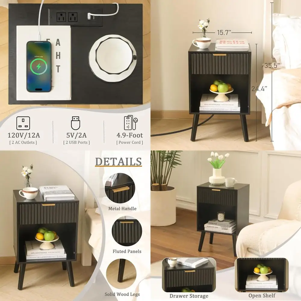 

Прикроватная тумбочка с зарядной станцией, черная, современная, с ящиками и розеткой, для гостиной, деревянная.