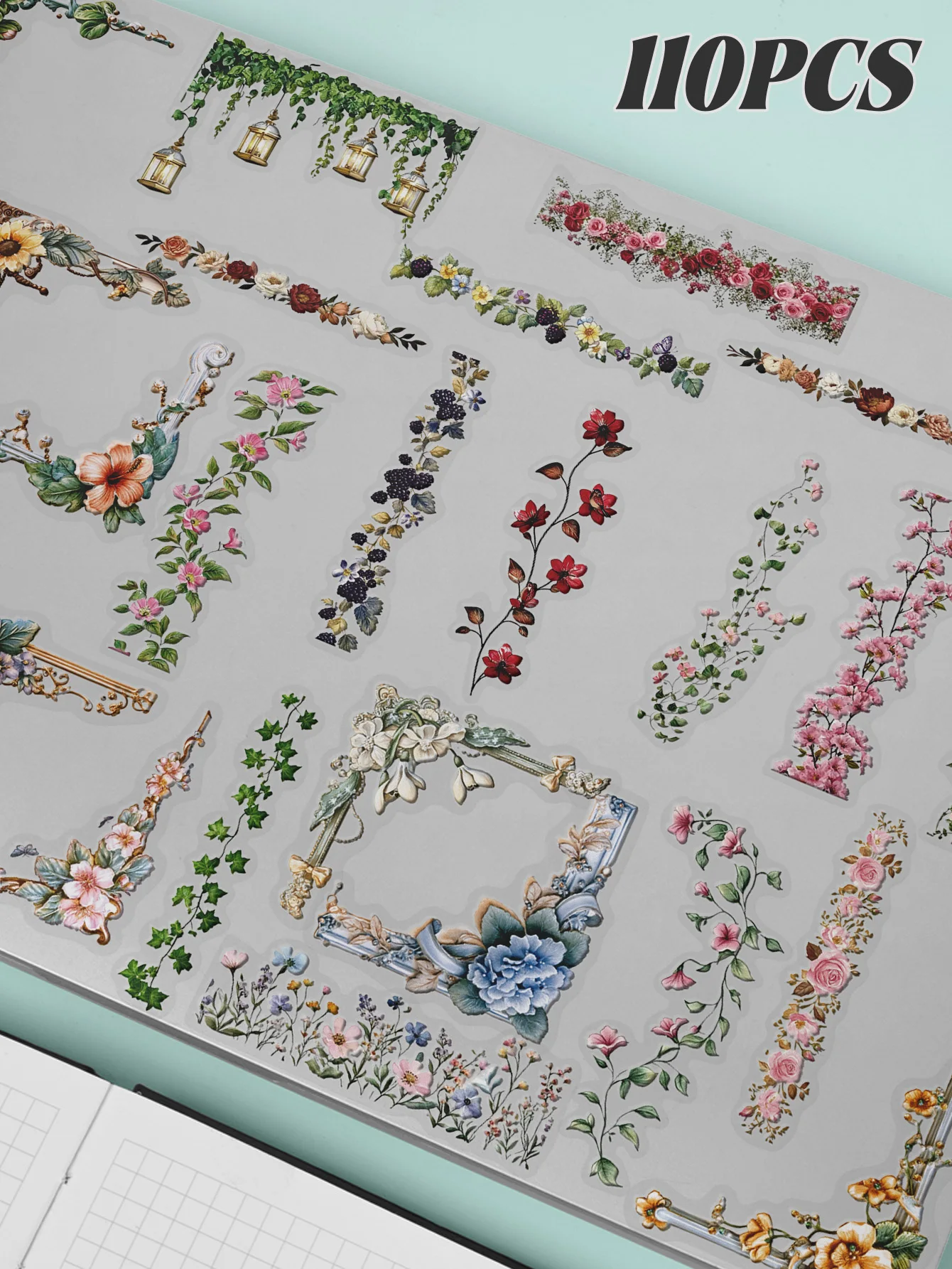 50/60/110-Piece Set of Floral Border Stickers for Suitcases, Laptops, Scrapbooks, Art Boards, Guitars, Helmets, and Water Bottle