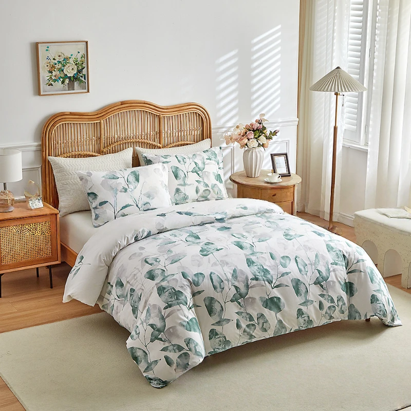 Leaves Printed Duvet Cover Set 2/3 Pieces Full King Farmhouse Botanical Bedding Set for Girls Teen Plant Leaf Quilt Cover Set