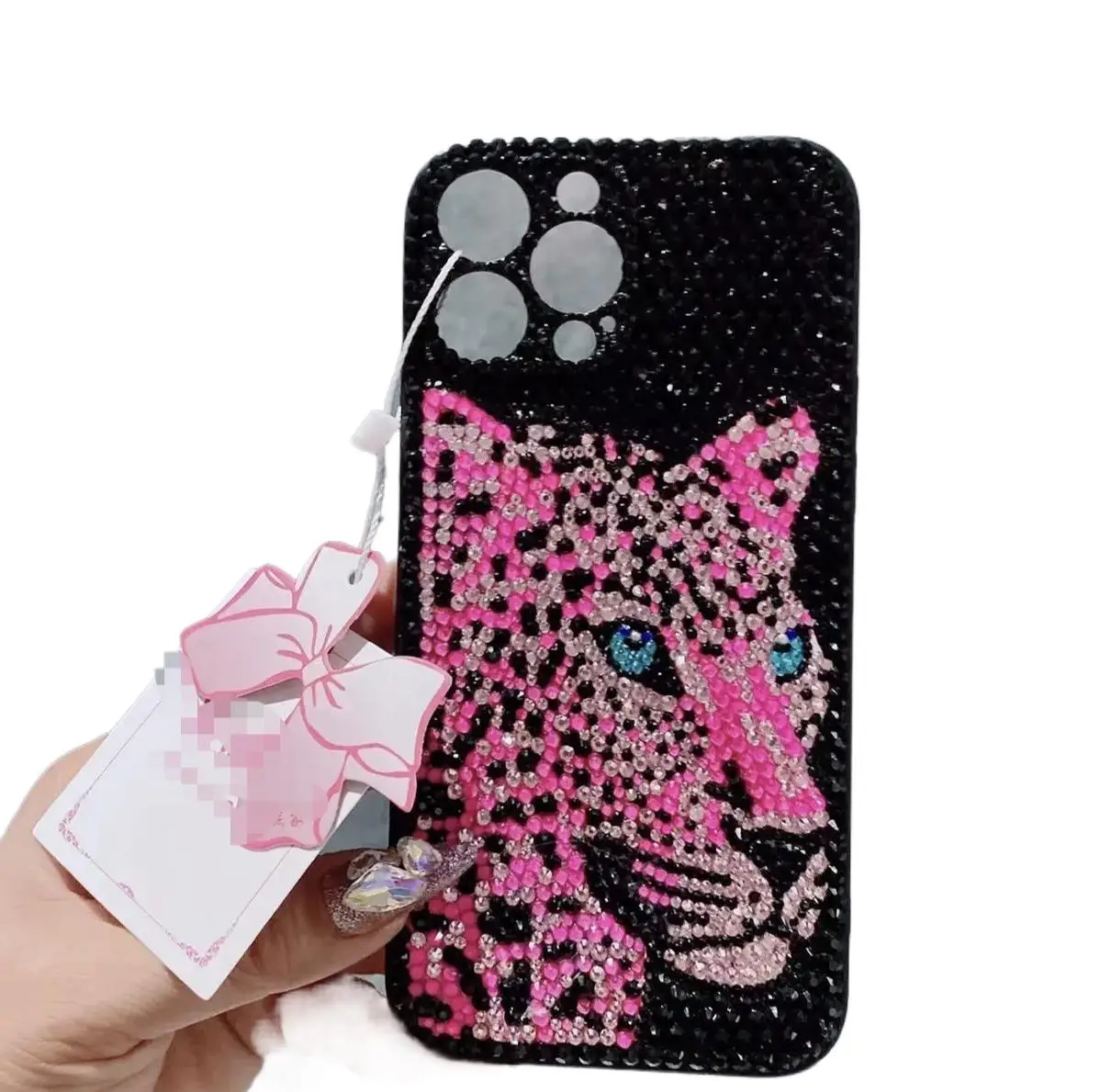 

Glass Rhinestone Phone Case Glitter iPhone 16 Cover Cellphone Decorative DIY Pink Leopard Print Mobile Case Blinged Mosaic Gift