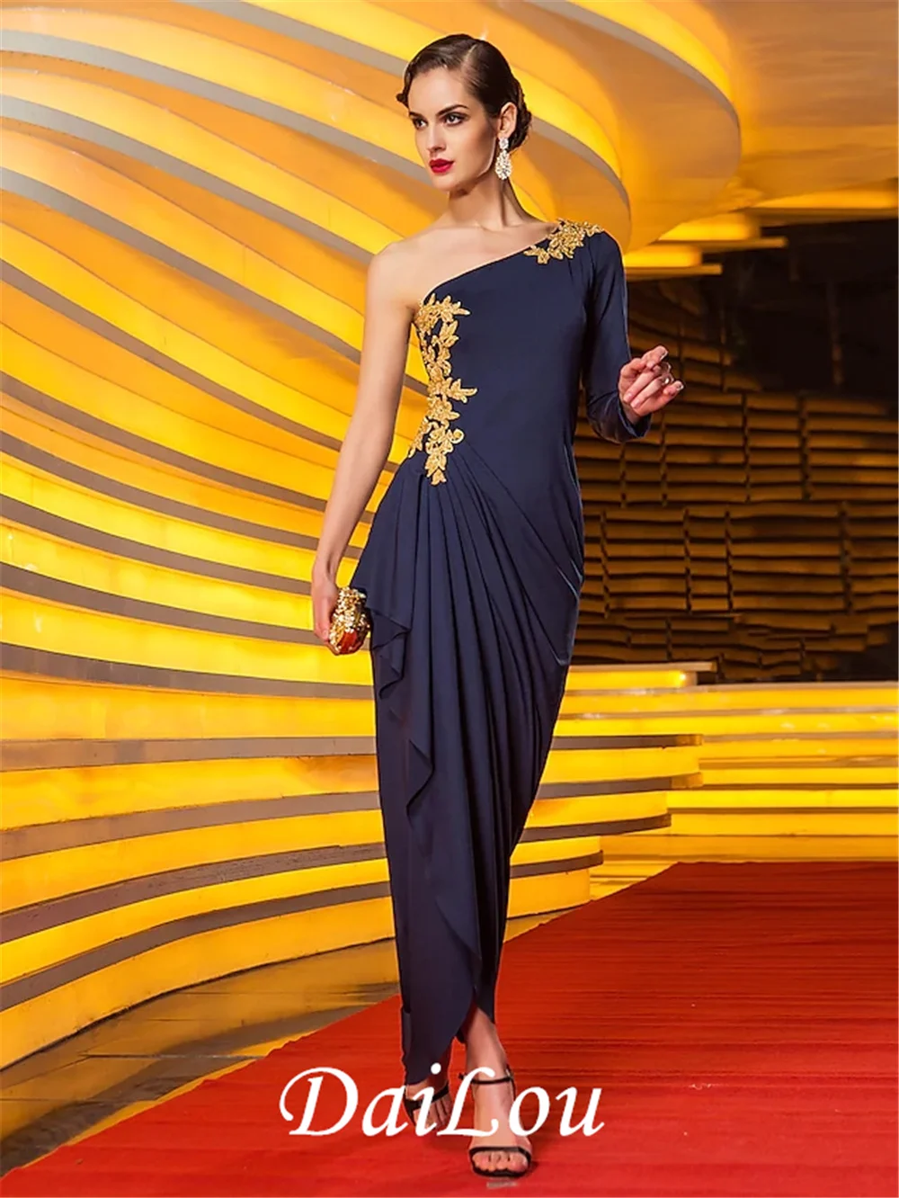 Sheath / Column Celebrity Style Party Wear Formal Evening Dress One Shoulder Long Sleeve Jersey with Beading Draping Appliques