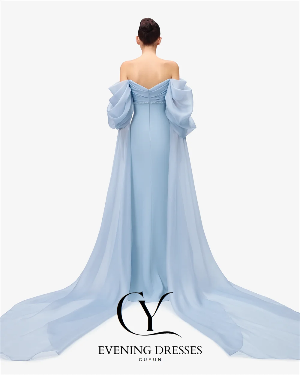 CUYUN 2025 vestidos de noche formales para mujer azul cielo con hombros descubiertos vestido de fiesta con abertura larga vestidos de graduación personalizados